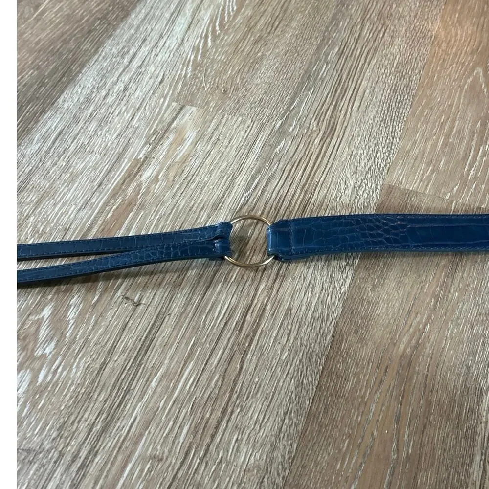 Anthropologie Navy Croc Embossed Adjustable Hip Ring Belt Gold Buckle NWT XS/S
